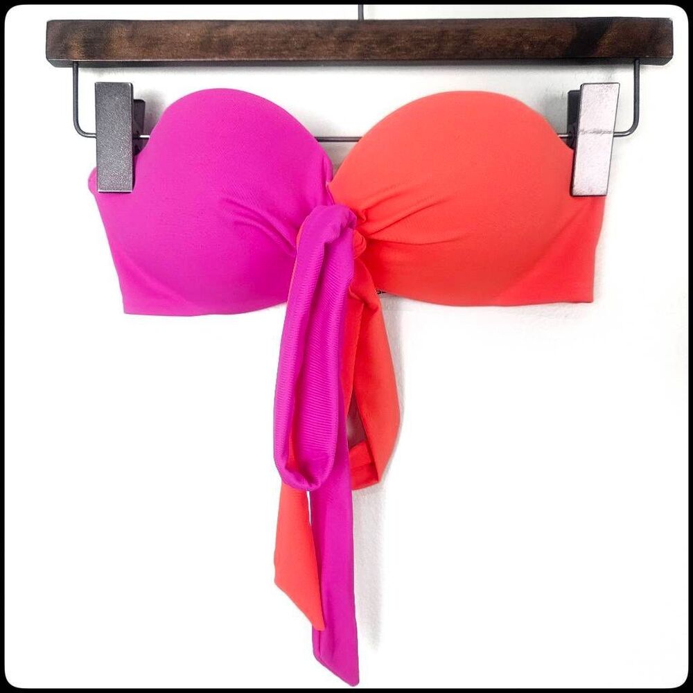 VICTORIA SECRET PINK Pink and Orange Cross Body Strapless Vacation Bikini Top XS